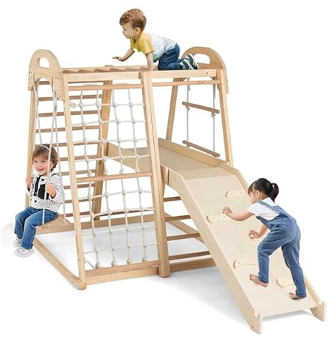 GOPLUS 8-in-1 Klettergerüst, Kletterspielzeug Holz mit Schaukel, Affenstange, Seilleiter, Plattform, Kletterleiter, Kletternetz & doppelseitige Rampe, Spielplatz Indoor für Kinder ab 3 Jahren (Natur)