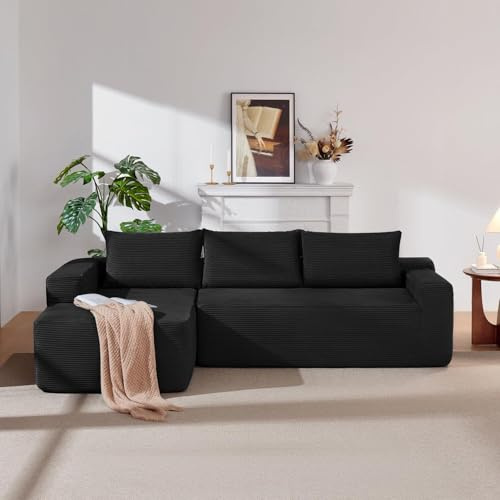 Vanress 97 Cloud Couch Sectional, L Shaped Boneless Couch Sectional Couches for Living Room, Modern Comfy Corduroy Fluffy Modular Sofa with Deep Seat, No Assembly (Black, Left Facing Chaise)