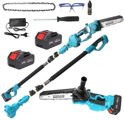 Sierra Electrica Podar Arboles 2 en 1 de 8 Pulgadas, Motor Sin Escobillas, Vástago Telescópico hasta 4,8m, 2 Baterías 4000mAh, motosierra bateria para Poda de Árboles y Jardín
