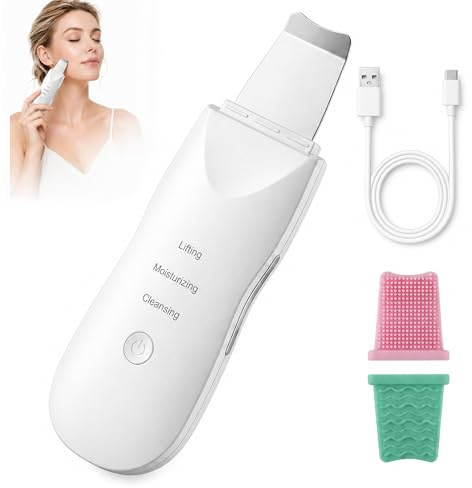 Épurateur de Peau à Ultrasons Peeling Ultrasonique Facial avec 4 Mode | avec 2 Têtes en Silicone Nettoyant Visage Spatule pour Éliminer Les Points Noirs Nettoyage en Profondeur Lifting et Gommage