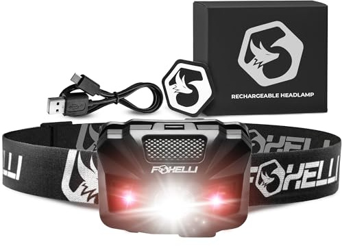 Foxelli Linterna frontal LED recargable USB‑C, ultraligera de 2.4 onzas y 180 lúmenes brillantes, luz roja/blanca, 5 modos, impermeabilidad IPX5, tiempo de funcionamiento de 40 horas para correr
