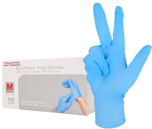 Coyacool - Guanti in vinile sintetici, privi di polvere, per uso alimentare, senza lattice, confezione da 100 dispenser, misura media, blu