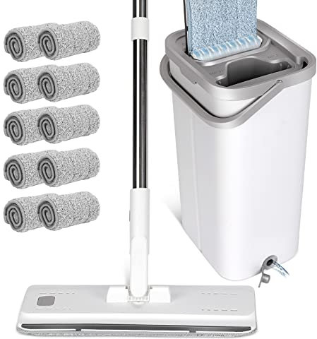 Masthome Mocio Lavapavimenti e Secchio, Mocio Piatto con Secchio, 5 Panni in Microfibra, Secchio per Mocio con Strizzatore, Mop Bagnato e Asciutto per la Pulizia di Pavimenti, Grigio