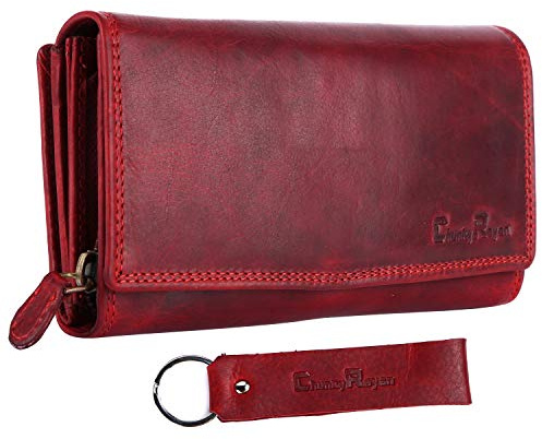 Chunkyrayan Damen Portemonnaie Echtleder XXL RFID Schutz inklusive Leder Schlüsselanhänger P GB-7 Red 1