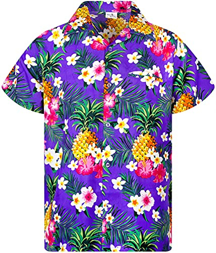 King Kameha Camisa hawaiana informal para hombre, bolsillo frontal, con botones, manga corta, unisex, estampado de flores pequeñas, Flores de Piña Púrpura, 8 Años