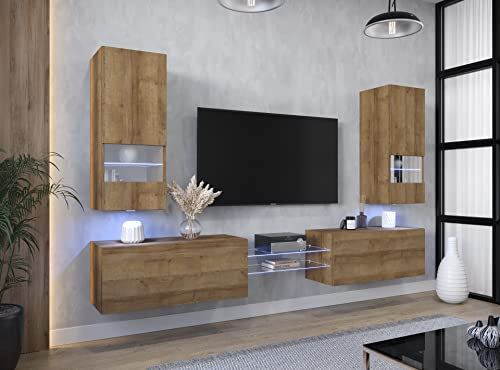 Furnitech Wohnwand Wohnzimmer | Wohnzimmer Möbel mit LED RGB - 16 Farben | Hängend Wohnwand Modern | Wohnzimmer Schrankwand mit Regale und TV Schrank (AN21-NEW-21DZ-M6-1C)