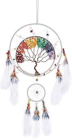 7 Chakren Baum des Lebens Traumfänger Wanddekoration mit Regenbogen Heilung Kristall Stein Handmade White Feather DreamCatchers Wand hängende Ornamente für Schlafzimmer Home Decor Segen Geschenk Party