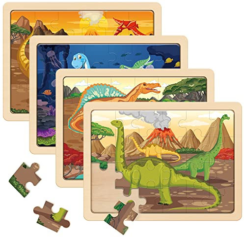 SYNARRY Wooden Dinosaur Jigsaw Puzzles for Kids Ages 3 4 5 6, 4 Packs 24 Piece Dino Puzzles, Preschool Educational Games Gifts for Children, Dinosaur Toys for 3 4 5 6 Year Old Boys Girls
