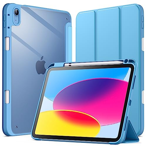 JETech Hülle für iPad (A16) 11./10. Gen, Blau | Für 2025/2022 Modell, Transparente Rückseite, Stifthalter, Schlanker Stoßschutz, Dreifach-Ständer