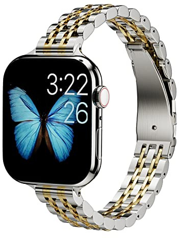 ARTCHE Slim Watch Strap for Apple Watch Straps 42mm 41mm 40mm, Female Thin Stainless Steel Adjustable Jewellery Chain, Compatible with iwatch Straps Series 11/10/9/8/7/6/5/4 SE3/SE2/SE, Silver & Gold