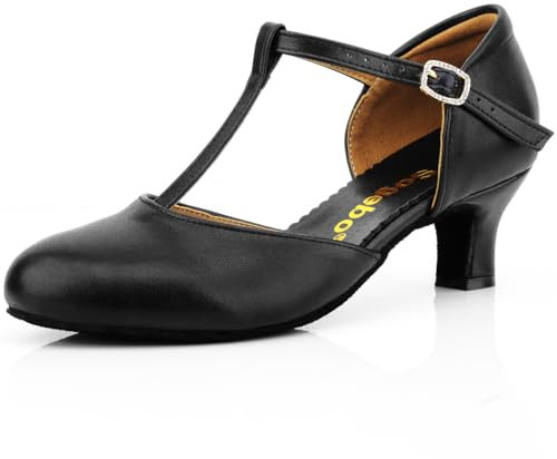 T-Strap Character Shoe for Women Salsa Latin Dance Heels Dress Pumps, Black 5.5 M US