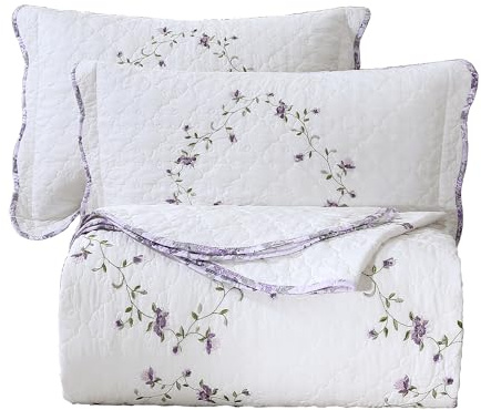 vctops Elegantes 3-teiliges Bettwäsche-Set, Bestickt, Blumenmuster, Queen-Size, 100% Baumwolle, wendbar, 1 Bettbezug und 2 Kissenbezüge (lila, Queen-Size)