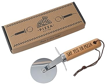 CGB Giftware | Wooden Handle Pizza Cutter | Engraved with Slogan 'Say Yes to Pizza' | Leather Handle End | Comes Gift Boxed | GB07657