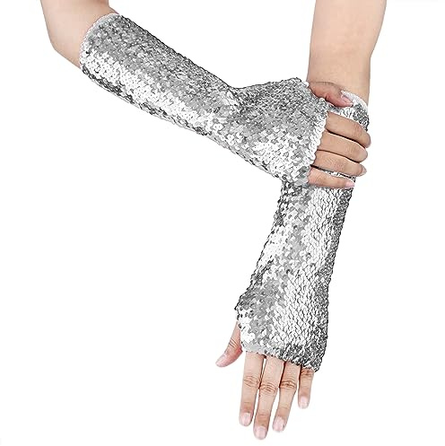 TINAYAUE Frauen Moden Pailletten-Handschuhe Weich Pailletten Manschetten vGlitzernde fingerlose Handschuhe Elastizität Halbfingerhandschuhe mit Pailletten für Rollenspiele, Partei, Opernaufführung