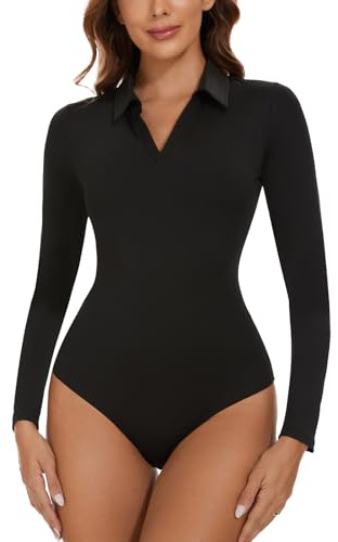 SLIMBELLE Dambody V-ringad bodysuit topp body damer långärmad body sexig dambody smala bodysuits toppar, svart, S