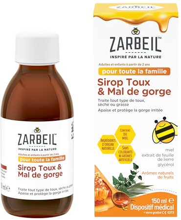 Zarbeil, Sirop Toux & Mal de Gorge (flacon de 150 ml) – Sirop contre la toux avec miel, extrait de feuille de lierre et glycérol – Dispositif médical pour toute la famille, à partir de 2 ans