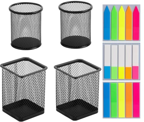 Loopunk 4 soportes para bolígrafos de malla metálica, portalápices de escritorio, soporte para lápices de oficina, de metal, organizador de escritorio, color negro (rondas y cuadros)