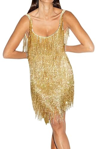 SANSIWU Women Sequined Glitter Tassels Dresses Sleeveless Deep V Neck Slip Spaghetti Strap Bodycon Mini Dress Clubwear (B-Golden, XL)