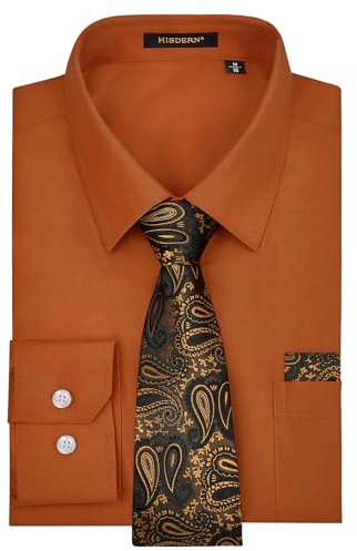 HISDERN Skjortor för män Långärmad finskjorta och elegant formell slips med knappar, Brun, 4XL