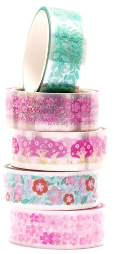 KAVI' S 5 Rollen Blumen Washi Tape Set Klebeband Papier PET Dekorativ Weinlese Masking Tape Durchsichtig Klebeband Bunt für Scrapbooking Handwerk Handwerk (Sakura)