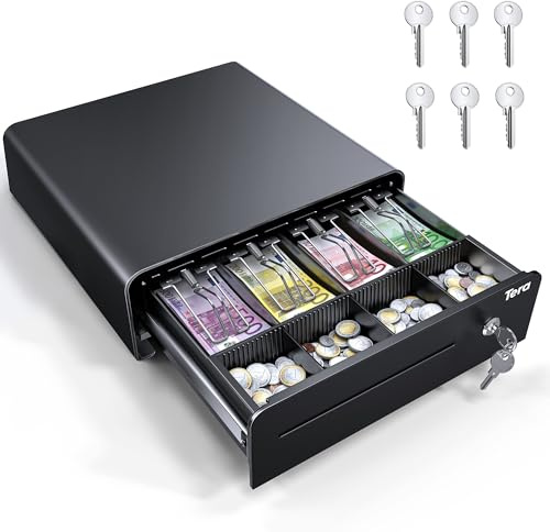 Tera Tiroir-caisse 13 pouces : ouverture automatique avec 6 clés Version lourde 4 compartiments à billets 4 compartiments à monnaie Compartiment à monnaie Tiroir multimédia 24 V RJ12 Serrure à clé