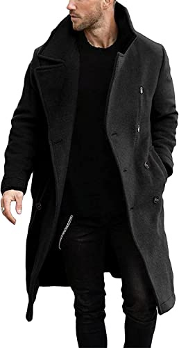 Runcati Men's Coat Regular Fit Trench Coat Long Lapel Double Breasted Wool Business Winter Jacket Peacoat Black XXL