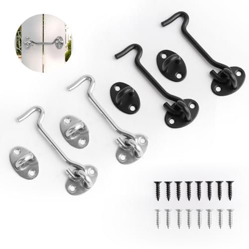Gancio e Occhio in Acciaio Inox, 4 Pezzi Gancio Anti Tempesta Scorrevole, 100mm Gancio Finestra con Viti di Montaggio, Gancio Per Porta Capannone Fienili, Gancio per Cancello e Chiusura a Occhiello