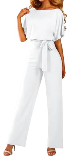 Walant Femmes Combinaison Manches Courtes Col Rond Couleur Unie Barboteuse Jumpsuit D'été Chic Élégant Slim Pantalon Loose Casual Combishort avec Ceinture,Blanc,L