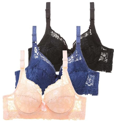 3pc Women's Lace Underwire Sports Bras Push Up Support Anti Sagging Bras for Women UK Womens Bras Multipack Sexy Seamless Bralettes Underwear Ladies Comfy Soft Everyday Bralets Navy