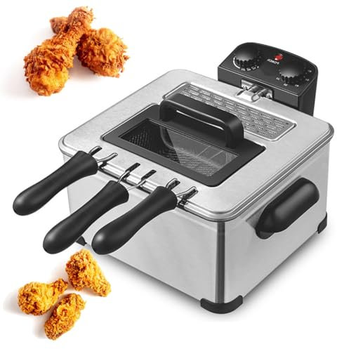 5 Litre Stainless Steel Deep Fat Fryer, Commercial Countertop Kitchen Fat Fryer Frying Machine, Stainless Steel with Basket & Lid, Easy Clean and Adjustable Temperature Control, for Chips Donuts