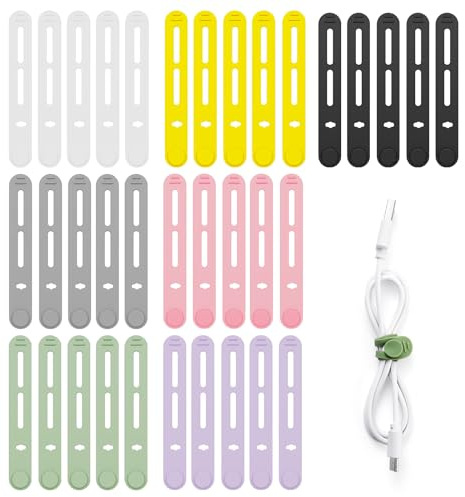 LHOEST 35 PCS Silicone Cable Ties Reusable, 7 Colors Elastic Cable Tie for Charger Tidy, Rubber Adjustable Cable Ties for Organiser