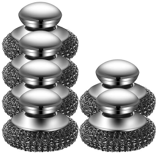 2 Pieces Steel Wool Scrubber, Stainless Steel Sponge Scourers with Handle, Wire Wool, Detachable Heavy Duty Dish Brush Pot Scrubber, for Cleaning Kitchen Pots Pans Grills Sink (6 pieces)