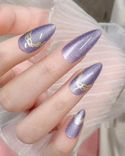 OXDOHUE 24 pezzi Unghie finte viola in stile sbiancante autunnale e invernale con colla, unghie finte nobili adatte per matrimoni e compleanni