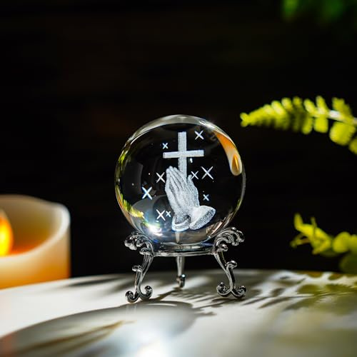 ZEERSHEE 60mm 3D Laser Engraved Hand Holding A Cross Crystal Ball Figurine with Stand Christian Collectible Decoration for Home Office Praying Religious Gifts for Women