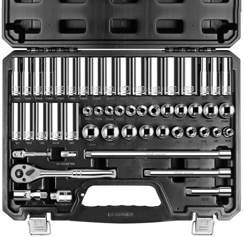 pgroup 3/8 Drive Socket Set, 52-Piece SAE (3/16-9/16 in) and Metric (4-14 mm) Deep & Shallow Socket Kit, 90-Tooth Ratchet Wrench, 6-Point, Chrome Vanadium Steel Mechanic Tool Set