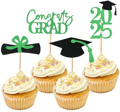 Lot de 24 décorations à paillettes pour cupcakes de la classe de 2025 pour décorations de fête à thème, remise de diplôme (vert)