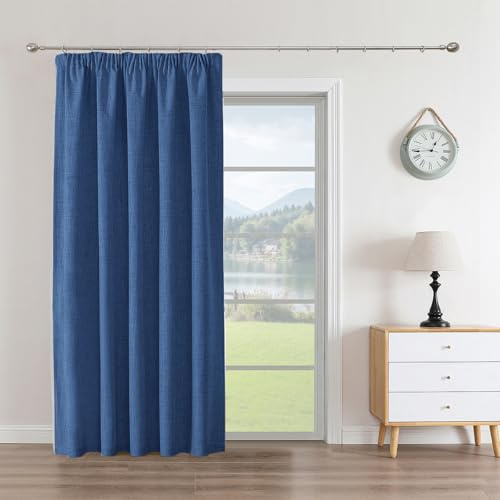 Joydeco 100% Verdunkelungsvorhänge Leinen Gardinen mit Kräuselband Thermovorhang Kälteschutz Blickdicht Schallschutz Ideal für Wohnzimmer, passt zu Schienensystemen Marineblau 1 Stück