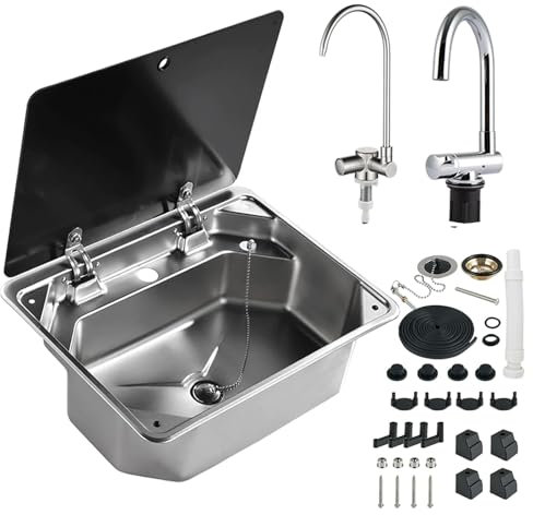 CHBMZ Camping Spülbecken/Waschbecken Set mit 2 Wasserhähnen, Einbau Handwaschbecken aus Edelstahl mit Glasdeckel, für die Küche im Wohnmobil, Wohnwagen