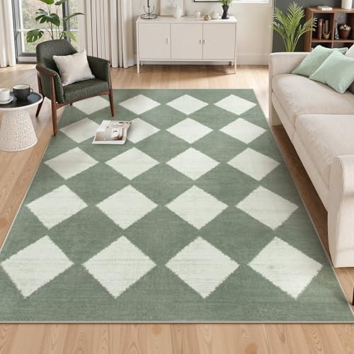 Lahome Zelie Checkered Washable 5x7 Rugs for Living Room Green Rug for Bedroom, Soft Dining Room Rugs for Under Table, Diamond Trellis Throw Carpet for Entryway Dorm Kids Playroom (5'x7',Green)