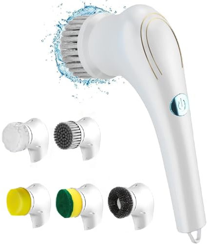 Estropajo eléctrico giratorio, inalámbrico, recargable, con 5 cabezales de cepillo reemplazables para cocina, baño, ventanas, fregaderos y zapatos