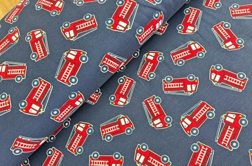 Sommersweat Meterware Feuerwehrautos - French-Terry Sweatstoff Feuerwehr - Sweat Stoff blau, Pullistoff, Dicker Jersey Fahrzeuge *Ab 50cm