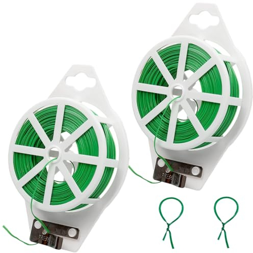 Bindedraht Grün Gartendraht mit Cutter 2 Roll 100m Pflanzenbinder Blumendraht 2mm Gartendraht Pflanzendraht mit Eingebautem Cutter für die Gartenarbeit Kletterpflanzen, Weinreben, Sträucher und Blumen
