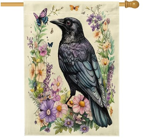 Spring Crow Ravens Vogelhaus-Flaggen, 71,1 x 101,6 cm, doppelseitig, Vintage-Blumenpflanze, Standard-Jute-Flaggen, Tier-Hinterhof-Flaggen, Outdoor-Dekoration