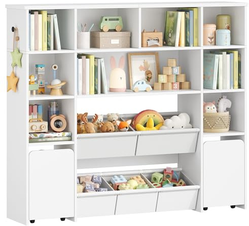 Hzuaneri 140cm Estanteria Infantil con 2 baúles con Ruedas, de 4 Niveles, Estante para Juguetes, Armario, Adecuado para habitación Infantil, salón, Estudio, 30 x 140 x 120 cm, Blanco KB75203W