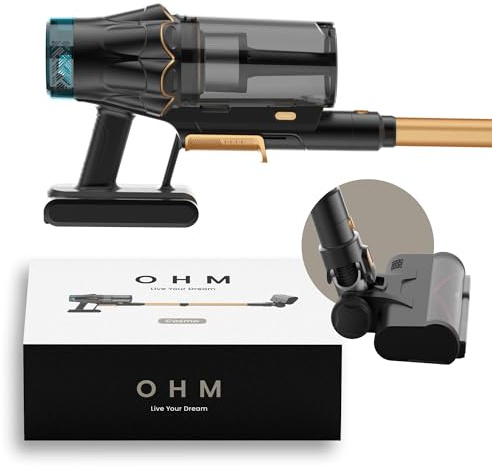 OHM Cosmo Cordless Vacuum Cleaner - Home Essentials. 55 Min Run Time, Self-Standing Vacuum Cleaner with Large Bin, Hands-Free Emptying, Outlet Aroma, White LED Light, Wall Mount Included