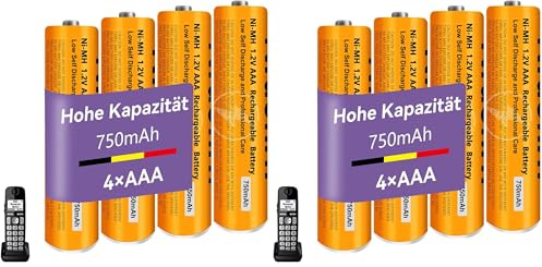 Piles Rechargeables AAA 750mah 1,2v pour Téléphone Gigaset, Pile AAA Ni-MH 750mah Batterie téléphone pour Panasonic, Lot de 8