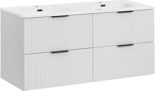 WFL GROUP Doppelwaschtisch-Unterschrank mit 2 integrierten Keramik-Waschbecken – Wandhängend, Geriffelte Soft-Close-Schubladen, Rillenfronten in Weiß Matt – 120 cm Breit