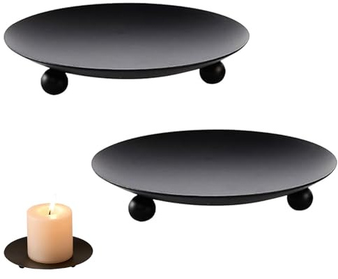 2 Pcs Black Traditional Pillar Candles Dishes, Round Pillar Candle Holder | Elegant Modern Design, Easy to Clean,for Wedding Church Decor Round Decorative Centerpiece (Black)