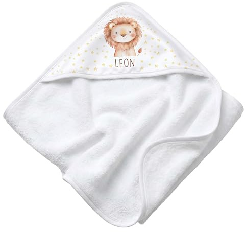Kidsmood - personalisiertes Kapuzenhandtuch Baby | Niedliches Babyhandtuch mit Namen - Flauschig & sicher für zarte Babyhaut Liebevolles Geschenk zur Geburt Mädchen & Jungen (80x80 cm | Löwe Sterne)