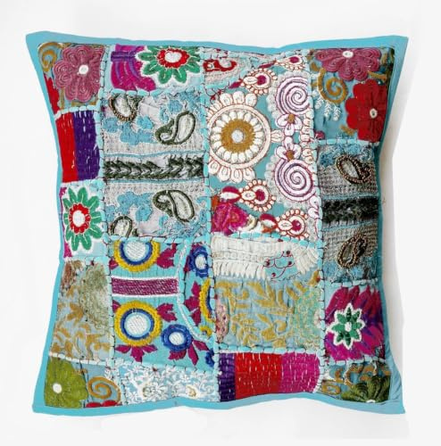 Rastogi Handicrafts Funda de cojín bordada tradicional india de 40 x 40 cm, algodón vibrante, cojín decorativo (azul cielo)